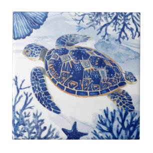 Azulejo De Cerâmica Tartaruga Marinha Aquarela Oceano Azul