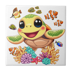 Azulejo De Cerâmica Tartaruga Marinha Bebê Feliz e Fofa Personagem