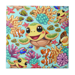 Azulejo De Cerâmica Tartaruga Marinha Bebê Feliz e Fofa Personagem