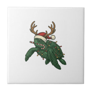 Azulejo De Cerâmica Tartaruga Marinha De Natal Rena Gravura Vintage De
