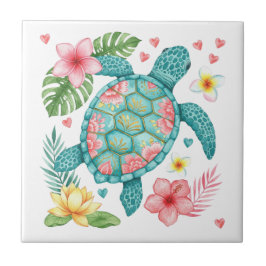Azulejo De Cerâmica Tartaruga marinha e flores tropicais