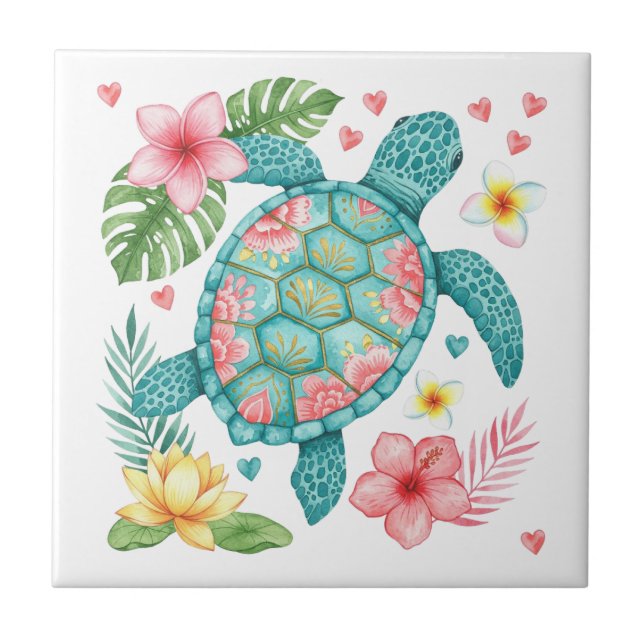 Azulejo De Cerâmica Tartaruga marinha e flores tropicais (Frente)