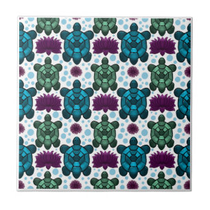 Azulejo De Cerâmica Tartaruga marinha em tons de verde e azul padrão d