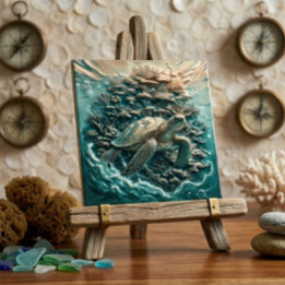 Azulejo De Cerâmica Tartaruga Marinha Recife de Coral 3D Falso Metal C