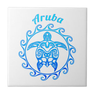 Azulejo De Cerâmica Tartaruga tribal Aruba do azul de oceano