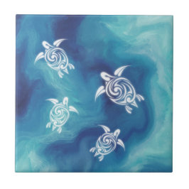 Azulejo De Cerâmica Tartarugas Brancas Água Oceânica Azul Aquarela Cos