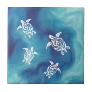 Azulejo De Cerâmica Tartarugas Brancas Água Oceânica Azul Aquarela Cos