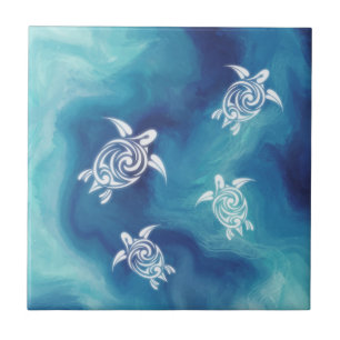 Azulejo De Cerâmica Tartarugas Brancas Água Oceânica Azul Aquarela Cos