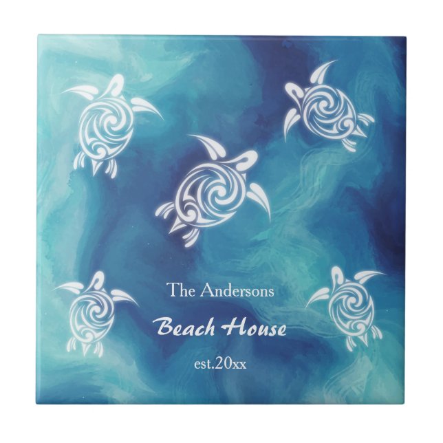 Azulejo De Cerâmica Tartarugas brancas azul Oceano Aquarela Texto Cost (Frente)