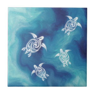 Azulejo De Cerâmica Tartarugas brancas Blue Ocean Watercolor Coaster
