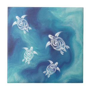 Azulejo De Cerâmica Tartarugas brancas Blue Ocean Watercolor Coaster