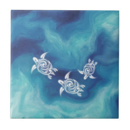 Azulejo De Cerâmica Tartarugas brancas no oceano azul