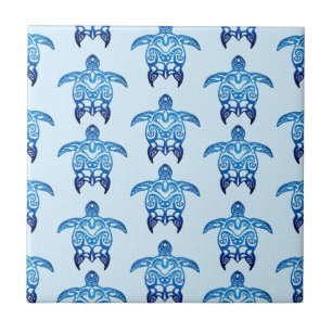 Azulejo De Cerâmica Tartarugas de Honu Tribais Azuis Escuras