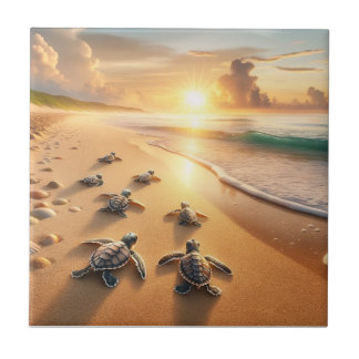 Azulejo De Cerâmica Tartarugas do Mar do Bebê indo para o Oceano na Pr