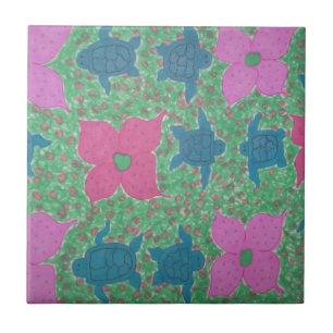 Azulejo De Cerâmica Tartarugas marinhas e Flores Arte Tropical
