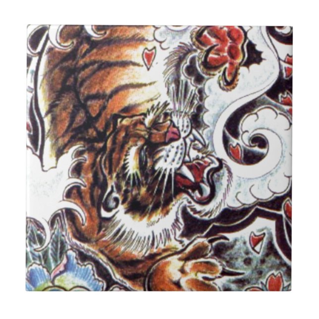 Azulejo De Cerâmica Tatuagem de Tigre Japonês (Frente)
