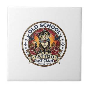 Azulejo De Cerâmica Tatuagem Velha Escola Gato Gatinho Fofo Design - V