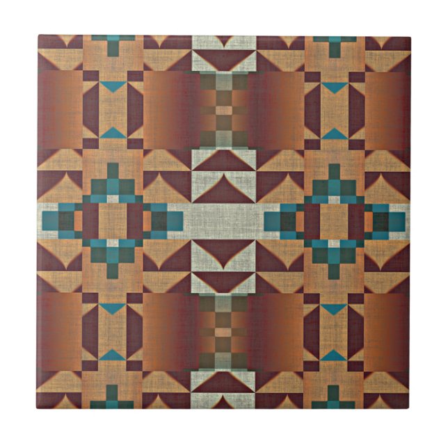 Azulejo De Cerâmica Taupe Terracotta Teal Blue Etnic Tribe Art (Frente)