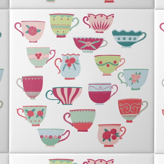 Azulejo De Cerâmica Tea Cups Moderno Retro (Retro vintage teacup pattern ceramic tile)
