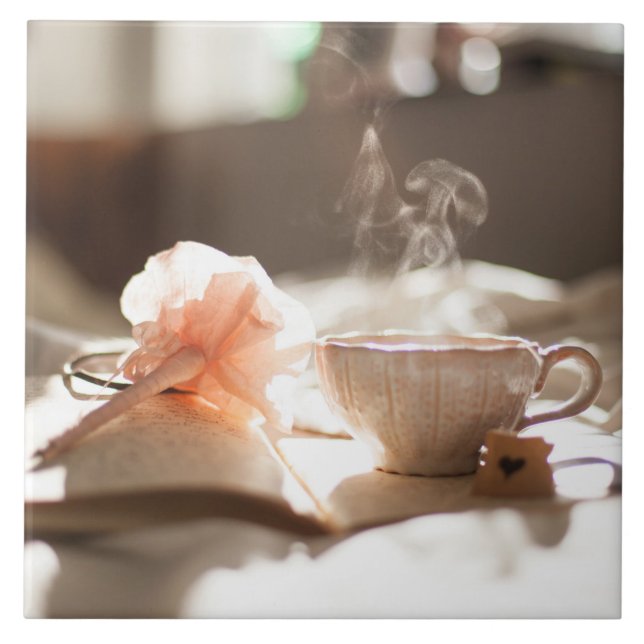 Azulejo De Cerâmica Tea Time com um bom livro (Frente)