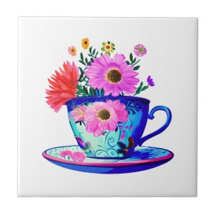 Azulejo De Cerâmica Teacup bonito Vintage com Flores Rosa