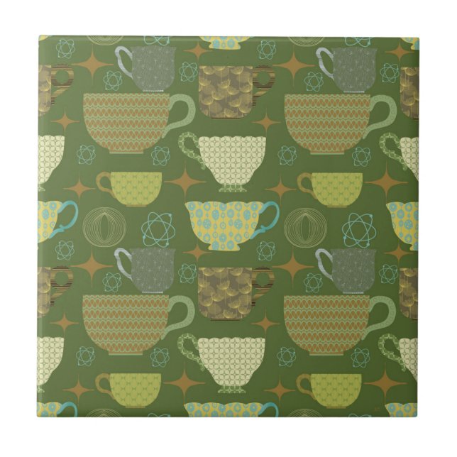 Azulejo De Cerâmica Teacup Verde Brilhante Moderno do meio século (Frente)