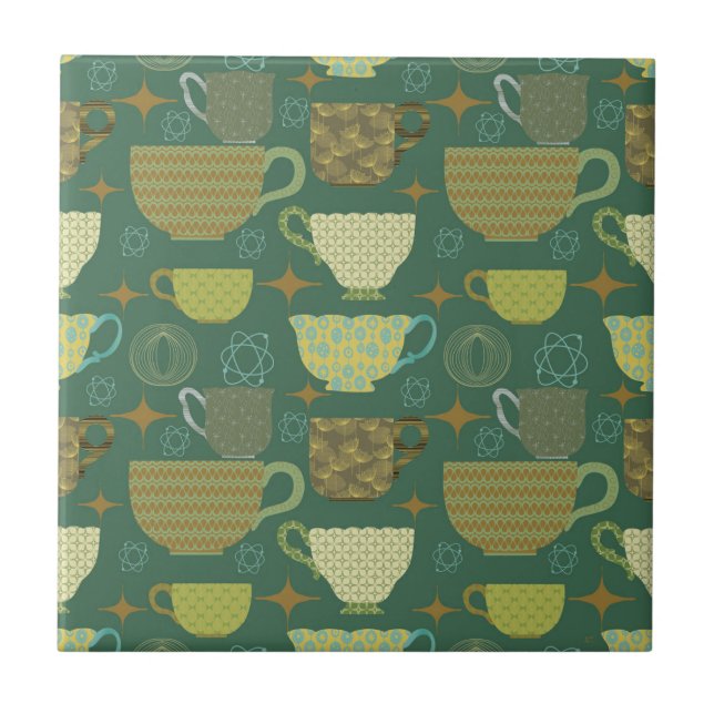 Azulejo De Cerâmica Teacup Verde Retroativo do meio século (Frente)
