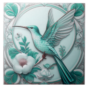Azulejo De Cerâmica Teal Art Nouveau floral hummingbird faux alivio