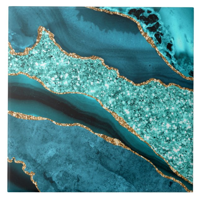 Azulejo De Cerâmica Teal Blue Gold Glitter Marble Ceramic Tile (Frente)