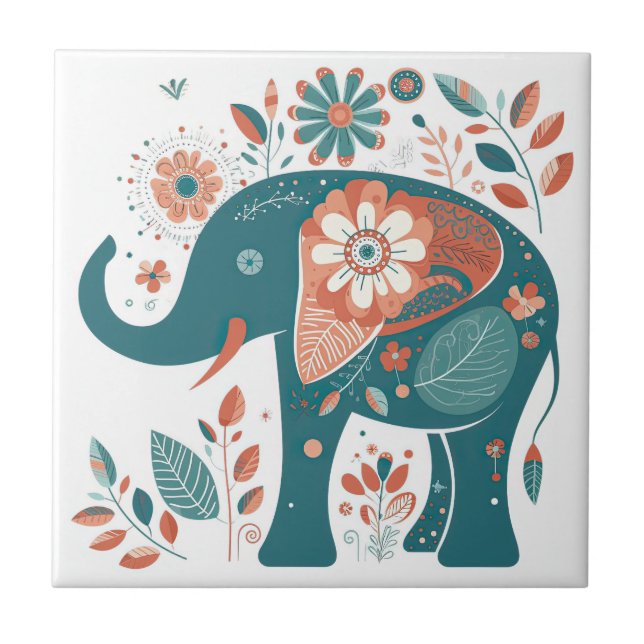 Azulejo De Cerâmica Teal Blue Orange Elephant Scandinavian Folart (Frente)