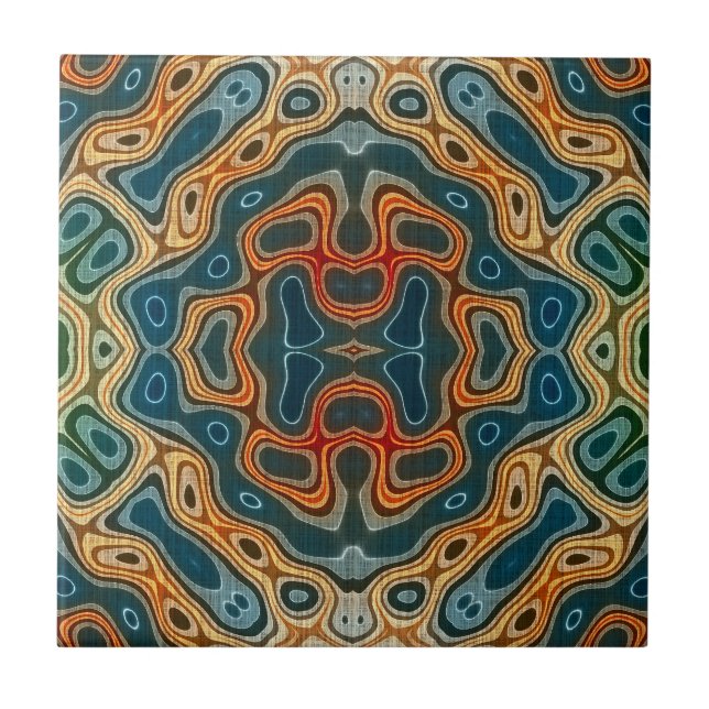 Azulejo De Cerâmica Teal Blue Orange Yellow Green Tribe Art (Frente)