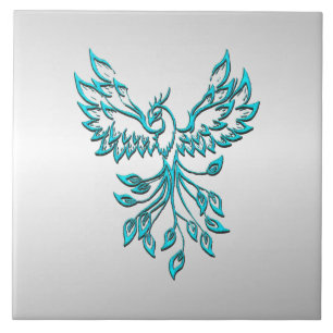 Azulejo De Cerâmica Teal Blue Phoenix nasce em prata