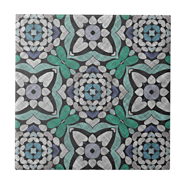 Azulejo De Cerâmica Teal Blue Turquoise Floral Tribe Art (Frente)