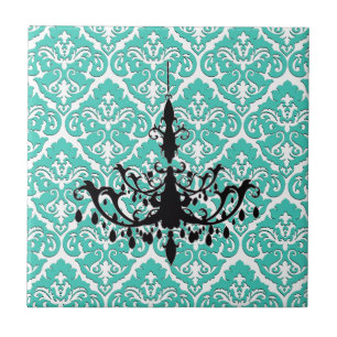 Azulejo De Cerâmica Teal Damask Black Chandelier