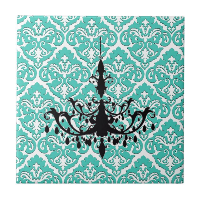 Azulejo De Cerâmica Teal Damask Black Chandelier (Frente)