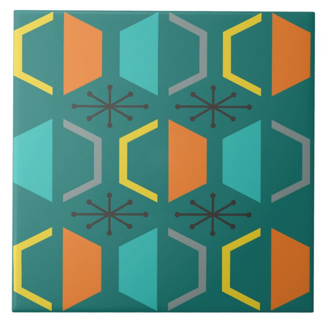 Azulejo De Cerâmica Teal de Hexágonos Moderno de meio século (Frente)
