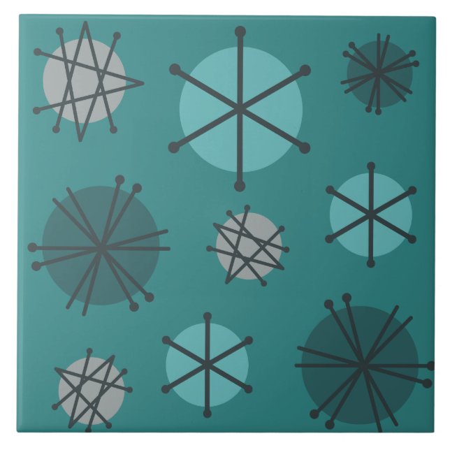 Azulejo De Cerâmica Teal de Starbursts Modernos do meio século (Frente)