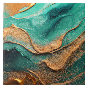 Azulejo De Cerâmica Teal do Oceano e Arte de Abstrato de Bronze