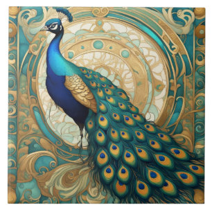 Azulejo De Cerâmica Teal Dourado Peacock Bird Art Nouveau Art Deco