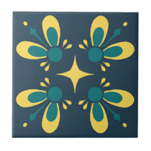 Azulejo De Cerâmica Teal e amarelo no padrão floral C de intricato azu