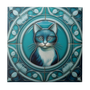 Azulejo De Cerâmica Teal e aqua Blue Faux alivio Art Nouveau Cat