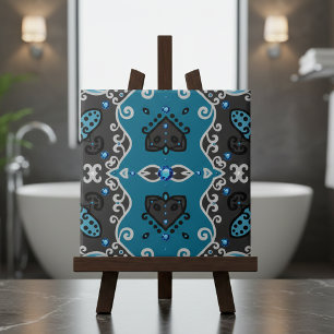 Azulejo De Cerâmica Teal e Cinza Vintage Damask Rhinestones Padrão