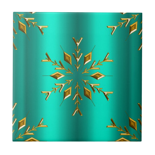 Azulejo De Cerâmica Teal e Dourada Estrela de Natal (Frente)