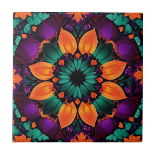 Azulejo De Cerâmica Teal e flor de laranja com roxo