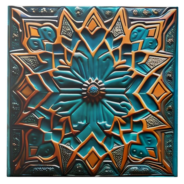 Azulejo De Cerâmica Teal e mostarda tradicionais (Frente)