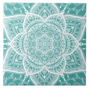 Azulejo De Cerâmica Teal e White Mandala - Loergann em Blue Spruce