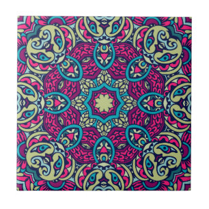 Azulejo De Cerâmica Teal, Magenta, Eclética Dourada e Olive Boho Manda