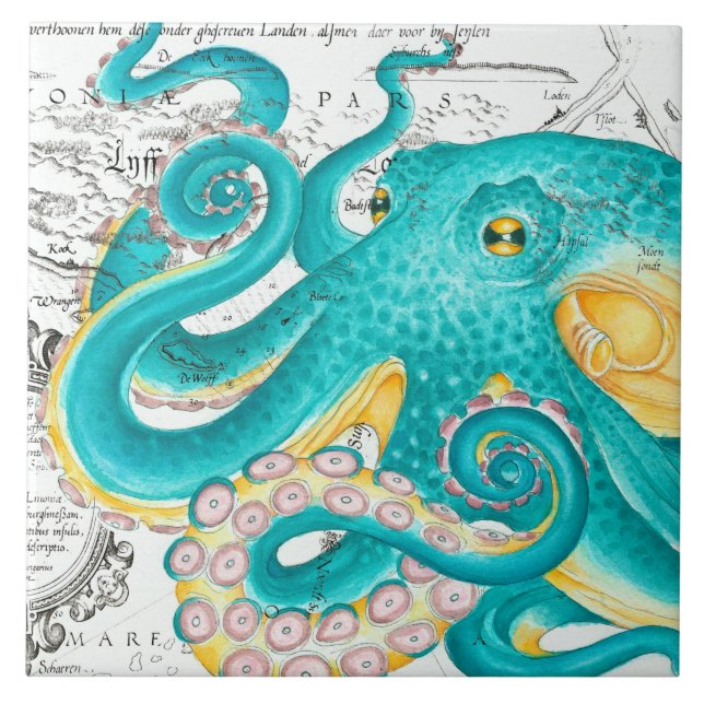 Azulejo De Cerâmica Teal Octopus Nautical Map Watercolor (Frente)