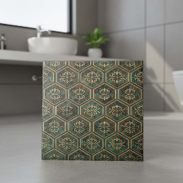 Azulejo De Cerâmica Teal Oxidado & Hexágono de Bronze #17 ID1227