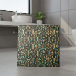 Azulejo De Cerâmica Teal Oxidado & Hexágono de Bronze #17 ID1227